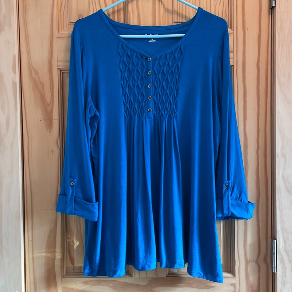 BNWT Kim Rogers 3/4 Roll Sleeve Pleated Knit Bib Top - Turquoise Blue Size Large